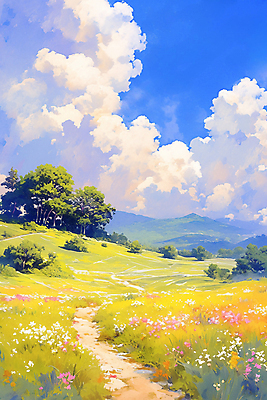 JPG 나무 구름 길 일러스트 자연 하늘 붓터치 수채화 산 풍경 초원 사람없음 들꽃 숲 국내일러스트 AI일러스트 AI콘텐츠 자연요소 식물 꽃 생태계 파일형식