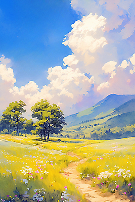 JPG 나무 구름 길 일러스트 자연 하늘 붓터치 수채화 산 풍경 초원 사람없음 들꽃 숲 국내일러스트 AI일러스트 AI콘텐츠 자연요소 식물 꽃 생태계 파일형식