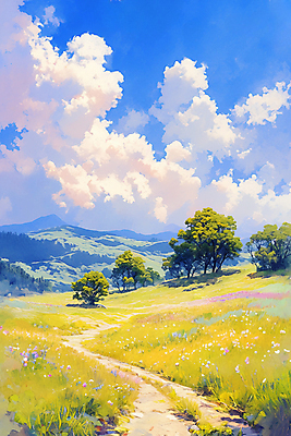 JPG 나무 구름 길 일러스트 자연 하늘 붓터치 수채화 산 풍경 초원 사람없음 들꽃 숲 국내일러스트 AI일러스트 AI콘텐츠 자연요소 식물 꽃 생태계 파일형식