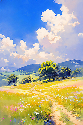 JPG 나무 구름 길 일러스트 자연 하늘 붓터치 수채화 산 풍경 초원 사람없음 들꽃 숲 국내일러스트 AI일러스트 AI콘텐츠 자연요소 식물 꽃 생태계 파일형식