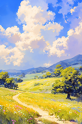 JPG 나무 구름 길 일러스트 자연 하늘 붓터치 수채화 산 풍경 초원 사람없음 들꽃 숲 국내일러스트 AI일러스트 AI콘텐츠 자연요소 식물 꽃 생태계 파일형식