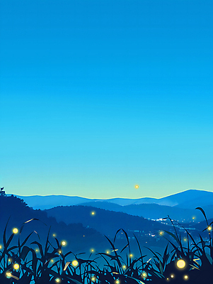 PSD 잎 일러스트 밤하늘 산 갈대 풍경 사람없음 여름 파란색 빛 로맨틱 반딧불이 국내일러스트 식물 계절 컬러 곤충 컨셉 하늘 야간 파일형식