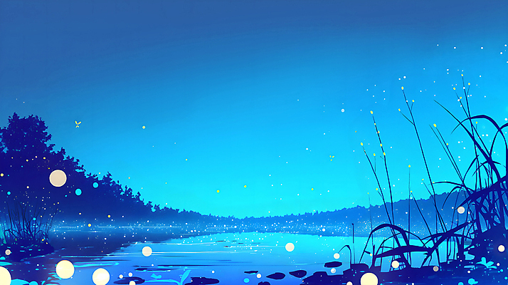 PSD 호수 일러스트 밤하늘 갈대 풍경 잔디 사람없음 여름 파란색 빛 반사 로맨틱 수면 반딧불이 국내일러스트 식물 계절 컬러 곤충 컨셉 하늘 물 야간 파일형식