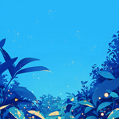 PSD 잎 일러스트 밤하늘 풍경 사람없음 여름 파란색 빛 로맨틱 반딧불이 국내일러스트 식물 계절 컬러 곤충 컨셉 하늘 야간 파일형식