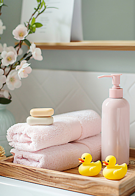 JPG 편집이미지 꽃 화분 사람없음 여름 수건 목욕 아기용품 육아 욕실 디지털합성 비누 샴푸 나무쟁반 박람회 신상품 오리장난감 편집실사 AI포토 AI콘텐츠 식물 계절 쟁반 목재 위생용품 장난감 청결 상품 CG 오브젝트 파일형식