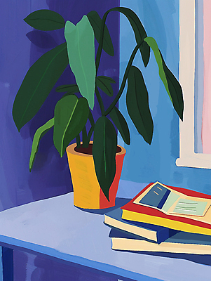 JPG 무료이미지 화분 잎 일러스트 창문 사람없음 일상 책 파란색 쌓기 책상 국내일러스트 AI일러스트 AI콘텐츠 식물 컬러 가구 모션 라이프 파일형식