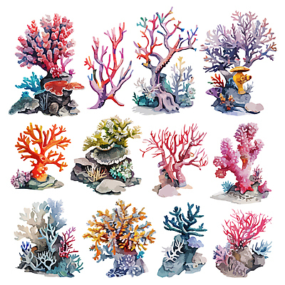 일러스트 수채화 사람없음 세트 컬러풀 바위 산호 국내일러스트 AI파일 컬러 돌_바위 자포동물 파일형식 벡터