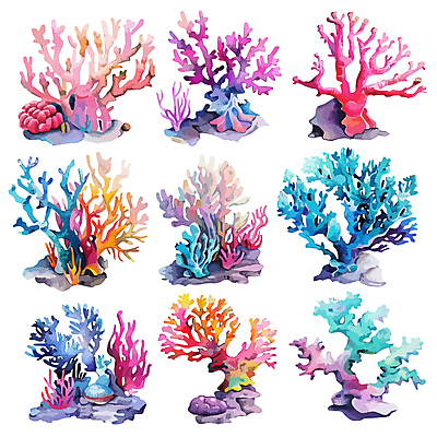일러스트 수채화 사람없음 세트 컬러풀 바위 산호 국내일러스트 AI파일 컬러 돌_바위 자포동물 파일형식 벡터