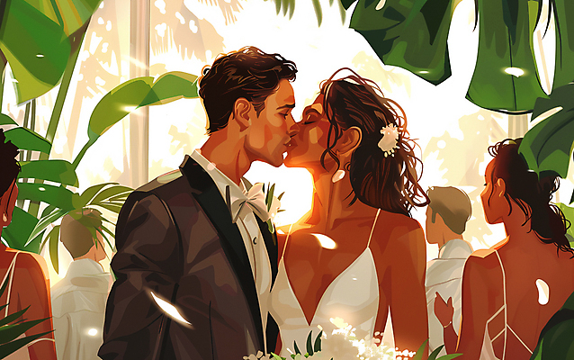 JPG 여자 남자 꽃잎 신부 웨딩드레스 신랑 일러스트 결혼식 키스 턱시도 여러명 상반신 성인 빛 눈감음 군중 하객 성인만 국내일러스트 AI일러스트 AI콘텐츠 드레스 꽃 다수 결혼 모션 사람 정장 고객 애정표현 파일형식