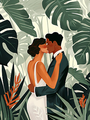 JPG 무료이미지 여자 남자 신부 웨딩드레스 허리손 신랑 일러스트 결혼식 키스 턱시도 상반신 성인 두명 눈감음 야자수잎 몬스테라 열대잎 하객 성인만 국내일러스트 AI일러스트 AI콘텐츠 식물 드레스 포즈 결혼 잎 모션 사람 정장 고객 애정표현 파일형식