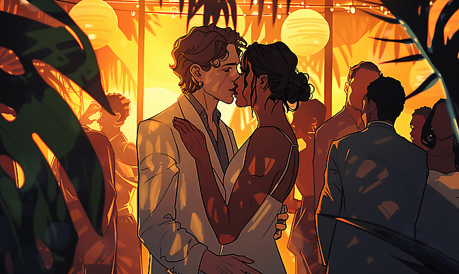 JPG 여자 남자 신부 웨딩드레스 신랑 일러스트 결혼식 조명 키스 정장 여러명 상반신 성인 눈감음 일몰 군중 야자수잎 몬스테라 열대잎 하객 성인만 국내일러스트 AI일러스트 AI콘텐츠 식물 드레스 옷 다수 결혼 잎 모션 사람 노을 고객 애정표현 파일형식