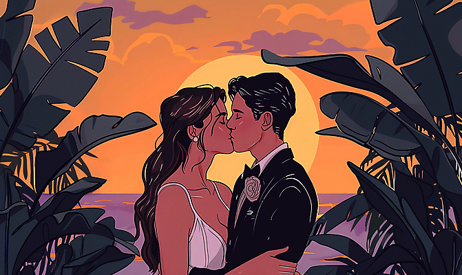 JPG 여자 남자 신부 웨딩드레스 신랑 일러스트 결혼식 키스 턱시도 상반신 성인 두명 야자수 눈감음 일몰 야자수잎 열대잎 하객 성인만 국내일러스트 AI일러스트 AI콘텐츠 나무 드레스 결혼 잎 모션 사람 정장 노을 고객 애정표현 파일형식