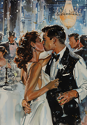 JPG 여자 남자 신부 웨딩드레스 신랑 일러스트 탁자 결혼식 수채화 키스 턱시도 여러명 상반신 성인 군중 샹들리에 하객 성인만 국내일러스트 AI일러스트 AI콘텐츠 드레스 가구 다수 결혼 조명 사람 정장 고객 애정표현 파일형식