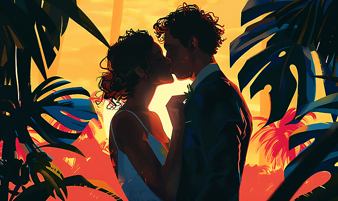 JPG 여자 남자 신부 웨딩드레스 신랑 일러스트 결혼식 키스 턱시도 상반신 성인 두명 야자수 일몰 역광 야자수잎 몬스테라 열대잎 하객 성인만 국내일러스트 AI일러스트 AI콘텐츠 나무 식물 드레스 결혼 잎 사람 정장 노을 고객 애정표현 파일형식