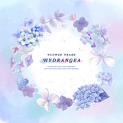 PSD 꽃잎 잎 일러스트 여름꽃 수채화 프레임 사람없음 여름 파란색 수국 꽃프레임 국내일러스트 식물 계절 꽃 컬러 파일형식 여름_계절