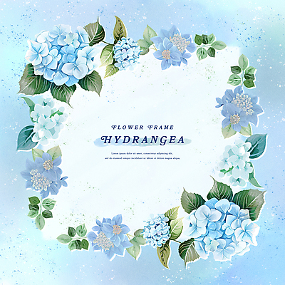PSD 꽃잎 잎 일러스트 여름꽃 수채화 프레임 사람없음 여름 파란색 수국 꽃프레임 국내일러스트 식물 계절 꽃 컬러 파일형식 여름_계절