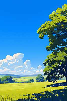 JPG 나무 구름 일러스트 하늘 풍경 잔디 초원 사람없음 여름 맑음 싱그러움 국내일러스트 AI일러스트 AI콘텐츠 자연요소 식물 계절 날씨 파일형식