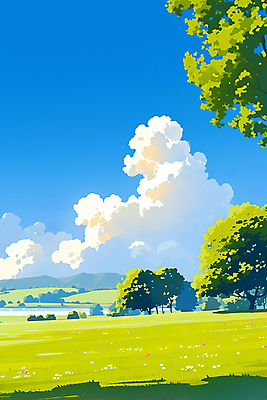 JPG 나무 구름 일러스트 하늘 풍경 잔디 초원 사람없음 여름 맑음 싱그러움 국내일러스트 AI일러스트 AI콘텐츠 자연요소 식물 계절 날씨 파일형식