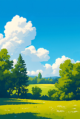 JPG 나무 구름 일러스트 하늘 풍경 잔디 초원 사람없음 여름 맑음 싱그러움 국내일러스트 AI일러스트 AI콘텐츠 자연요소 식물 계절 날씨 파일형식