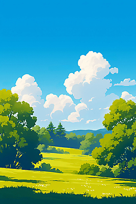 JPG 나무 구름 일러스트 하늘 풍경 잔디 초원 사람없음 여름 맑음 싱그러움 국내일러스트 AI일러스트 AI콘텐츠 자연요소 식물 계절 날씨 파일형식