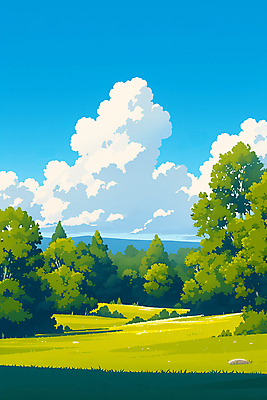 JPG 나무 구름 일러스트 하늘 풍경 잔디 초원 사람없음 여름 맑음 싱그러움 국내일러스트 AI일러스트 AI콘텐츠 자연요소 식물 계절 날씨 파일형식