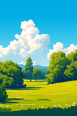 JPG 나무 구름 일러스트 하늘 풍경 잔디 초원 사람없음 여름 맑음 싱그러움 국내일러스트 AI일러스트 AI콘텐츠 자연요소 식물 계절 날씨 파일형식