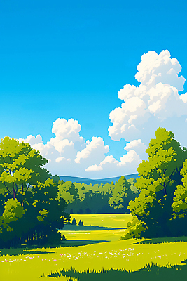 JPG 나무 구름 일러스트 하늘 풍경 잔디 초원 사람없음 여름 맑음 싱그러움 국내일러스트 AI일러스트 AI콘텐츠 자연요소 식물 계절 날씨 파일형식