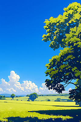 JPG 나무 구름 일러스트 하늘 풍경 잔디 초원 사람없음 여름 맑음 싱그러움 국내일러스트 AI일러스트 AI콘텐츠 자연요소 식물 계절 날씨 파일형식
