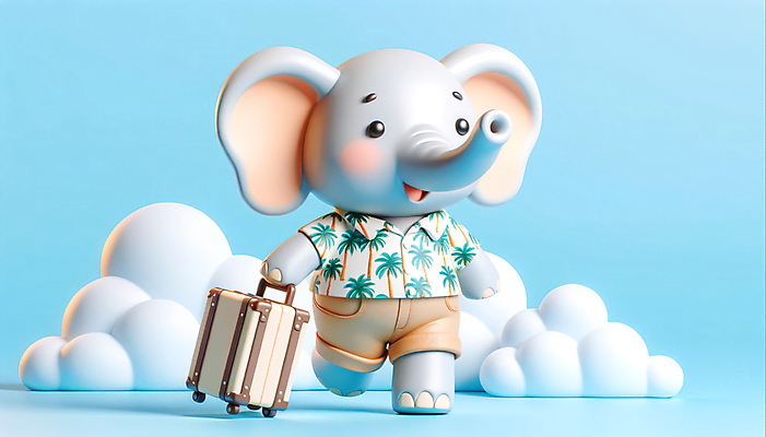 JPG 구름 편집이미지 한마리 해외여행 여행 3D캐릭터 의인화 사람없음 3D 캐리어 코끼리캐릭터 하와이안 편집3D AI컴퓨터그래픽 AI콘텐츠 자연요소 캐릭터 1 해외 패션 동물캐릭터 코끼리 여행가방 디지털합성 파일형식