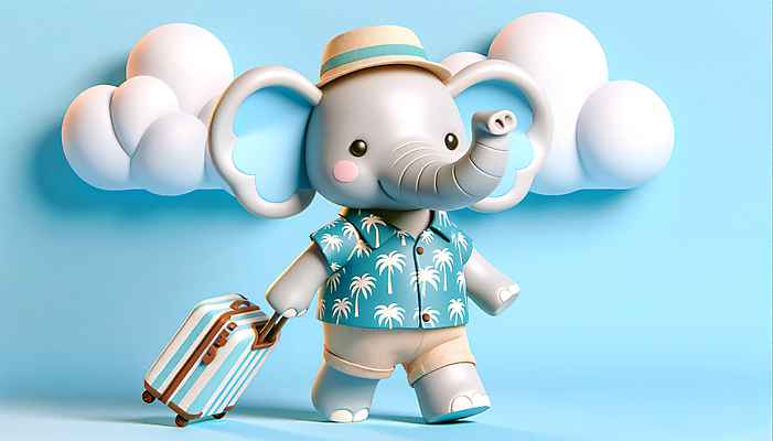 JPG 구름 편집이미지 한마리 해외여행 여행 3D캐릭터 의인화 사람없음 3D 캐리어 밀짚모자 코끼리캐릭터 하와이안 편집3D AI컴퓨터그래픽 AI콘텐츠 자연요소 캐릭터 모자_잡화 1 해외 패션 동물캐릭터 코끼리 여행가방 디지털합성 파일형식