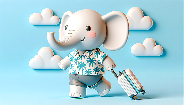 JPG 구름 편집이미지 한마리 해외여행 여행 3D캐릭터 의인화 사람없음 3D 캐리어 코끼리캐릭터 하와이안 편집3D AI컴퓨터그래픽 AI콘텐츠 자연요소 캐릭터 1 해외 패션 동물캐릭터 코끼리 여행가방 디지털합성 파일형식