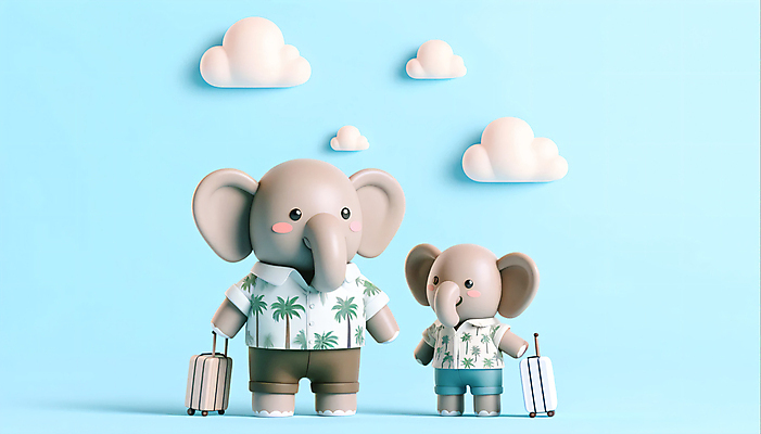 JPG 구름 편집이미지 해외여행 두마리 가족 가족여행 3D캐릭터 의인화 사람없음 3D 캐리어 코끼리캐릭터 하와이안 편집3D AI컴퓨터그래픽 AI콘텐츠 자연요소 캐릭터 해외 패션 동물캐릭터 여행 2 관계 코끼리 여행가방 디지털합성 파일형식
