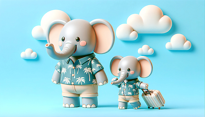 JPG 구름 편집이미지 해외여행 두마리 가족 가족여행 3D캐릭터 의인화 사람없음 3D 캐리어 코끼리캐릭터 하와이안 편집3D AI컴퓨터그래픽 AI콘텐츠 자연요소 캐릭터 해외 패션 동물캐릭터 여행 2 관계 코끼리 여행가방 디지털합성 파일형식