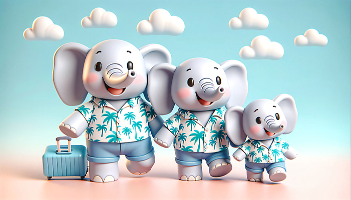 JPG 구름 편집이미지 해외여행 가족 가족여행 3D캐릭터 의인화 세마리 사람없음 3D 캐리어 코끼리캐릭터 하와이안 편집3D AI컴퓨터그래픽 AI콘텐츠 자연요소 캐릭터 해외 패션 동물캐릭터 여행 관계 코끼리 3 여행가방 디지털합성 파일형식