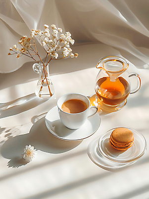 JPG 편집이미지 접시 탁자 그림자 사람없음 햇빛 꽃병 찻잔 찻주전자 실크 컵받침 디지털합성 마카롱 꽃가지 밀크티 티세트 편집실사 AI포토 AI콘텐츠 식기 꽃 음료 가구 주전자 디저트 잔 차_음료 세트 태양 나뭇가지 직물 받침대 CG 파일형식