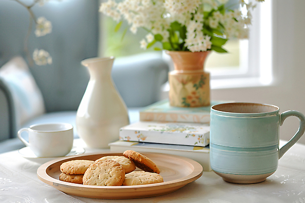 JPG 편집이미지 잎 꽃무늬 탁자 사람없음 책 쌓기 쿠키 꽃병 머그컵 도자기 찻잔 컵받침 디지털합성 나무접시 티세트 편집실사 AI포토 AI콘텐츠 식물 접시 꽃 가구 무늬 모션 디저트 잔 컵 차_음료 세트 받침대 CG 파일형식