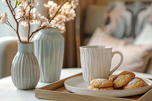 JPG 편집이미지 접시 커피 탁자 사람없음 쿠키 꽃병 머그컵 연기 디지털합성 꽃가지 나무쟁반 슈가파우더 티세트 편집실사 AI포토 AI콘텐츠 식기 꽃 음료 가구 디저트 쟁반 목재 컵 차_음료 세트 나뭇가지 CG 파일형식