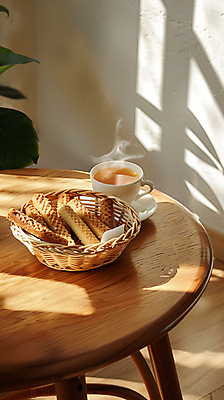 JPG 편집이미지 음식 디저트 그림자 사람없음 햇빛 바구니 연기 차 찻잔 컵받침 디지털합성 나무탁자 티세트 편집실사 AI포토 AI콘텐츠 음료 탁자 잔 차_음료 세트 태양 받침대 CG 파일형식