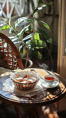 JPG 식물 편집이미지 화분 빵 디저트 그림자 사람없음 햇빛 바구니 연기 차 찻잔 컵받침 디지털합성 나무탁자 티세트 편집실사 AI포토 AI콘텐츠 음료 음식 탁자 잔 차_음료 세트 태양 받침대 CG 파일형식