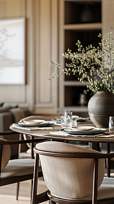 JPG 편집이미지 접시 의자 식탁 잔 선반 주택 실내 사람없음 인테리어 갈색 꽃병 식탁보 도자기 디지털합성 오브젝트 오브제 편집실사 AI포토 AI콘텐츠 식기 디자인 꽃 컬러 가구 탁자 내부 건물 CG 파일형식