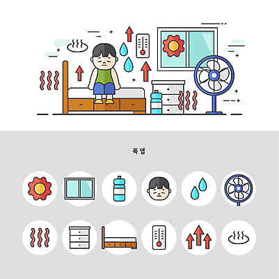 전신 남자 일러스트 창문 한명 앉기 성인 태양 침대 뜨거움 열 선풍기 더위 온도계 자연재해 생수 서랍장 땀 상승 엘리먼트 성인남자한명만 폭염주의보 국내일러스트 AI파일 자연요소 1 가구 컨셉 모션 날씨 사람 가전제품 물병 재해 남자한명만 성인남자만 파일형식 벡터