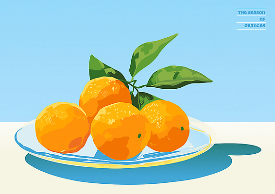 포스터 하늘색 잎 오렌지 일러스트 그림자 사람없음 여름 주황색 감성 유리그릇 국내일러스트 AI파일 식물 그릇 계절 컬러 컨셉 과일 유리 파란색 파일형식 벡터