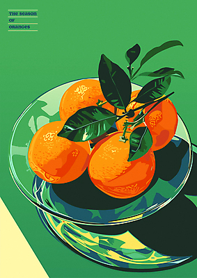 포스터 잎 오렌지 일러스트 그림자 사람없음 초록색 여름 주황색 감성 유리그릇 국내일러스트 AI파일 식물 그릇 계절 컬러 컨셉 과일 유리 파일형식 벡터