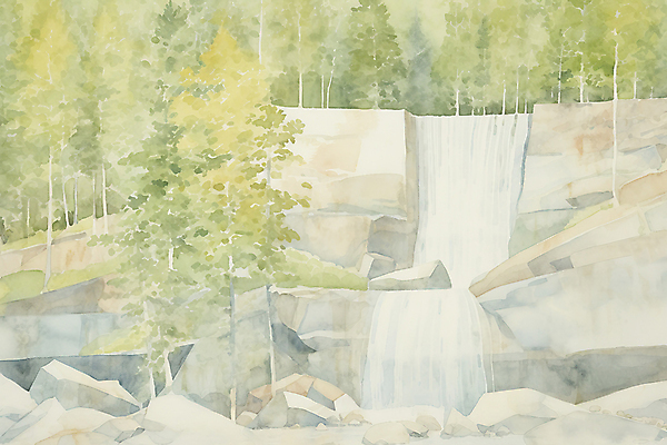 JPG 주간 일러스트 자연 수채화 풍경 사람없음 야외 초록색 여름풍경 폭포 바위 자작나무숲 국내일러스트 AI일러스트 AI콘텐츠 자연요소 컬러 돌_바위 숲 생태계 자작나무 파일형식 여름_계절