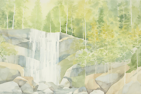 JPG 주간 일러스트 자연 수채화 풍경 사람없음 야외 초록색 여름풍경 폭포 바위 자작나무숲 국내일러스트 AI일러스트 AI콘텐츠 자연요소 컬러 돌_바위 숲 생태계 자작나무 파일형식 여름_계절