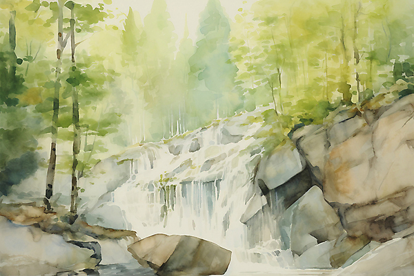 JPG 주간 일러스트 자연 수채화 풍경 사람없음 야외 초록색 여름풍경 폭포 바위 자작나무숲 국내일러스트 AI일러스트 AI콘텐츠 자연요소 컬러 돌_바위 숲 생태계 자작나무 파일형식 여름_계절