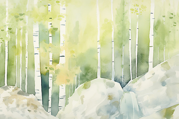 JPG 주간 일러스트 자연 수채화 풍경 사람없음 야외 초록색 여름풍경 바위 자작나무숲 국내일러스트 AI일러스트 AI콘텐츠 자연요소 컬러 돌_바위 숲 생태계 자작나무 파일형식 여름_계절