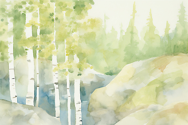 JPG 주간 일러스트 자연 수채화 풍경 사람없음 야외 초록색 여름풍경 바위 자작나무숲 국내일러스트 AI일러스트 AI콘텐츠 자연요소 컬러 돌_바위 숲 생태계 자작나무 파일형식 여름_계절