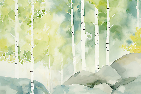 JPG 주간 일러스트 자연 수채화 풍경 사람없음 야외 초록색 여름풍경 바위 자작나무숲 국내일러스트 AI일러스트 AI콘텐츠 자연요소 컬러 돌_바위 숲 생태계 자작나무 파일형식 여름_계절