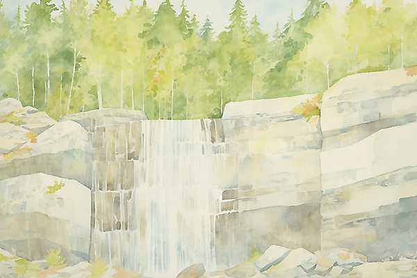 JPG 주간 일러스트 자연 수채화 풍경 사람없음 야외 초록색 여름풍경 폭포 바위 자작나무숲 국내일러스트 AI일러스트 AI콘텐츠 자연요소 컬러 돌_바위 숲 생태계 자작나무 파일형식 여름_계절